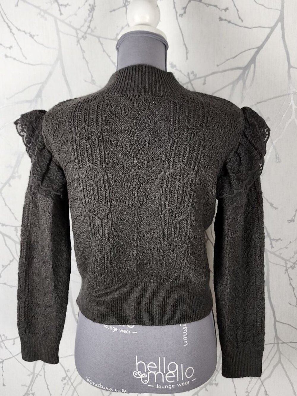 Zara Gray Lace Ruffle Trim Mockneck Cropped Sweater - Picture 6 of 8